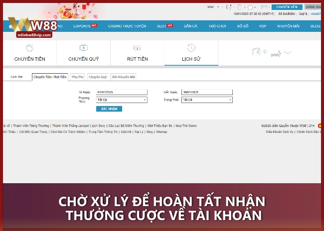 Chờ xử lý để hoàn tất nhận thưởng cược về tài khoản