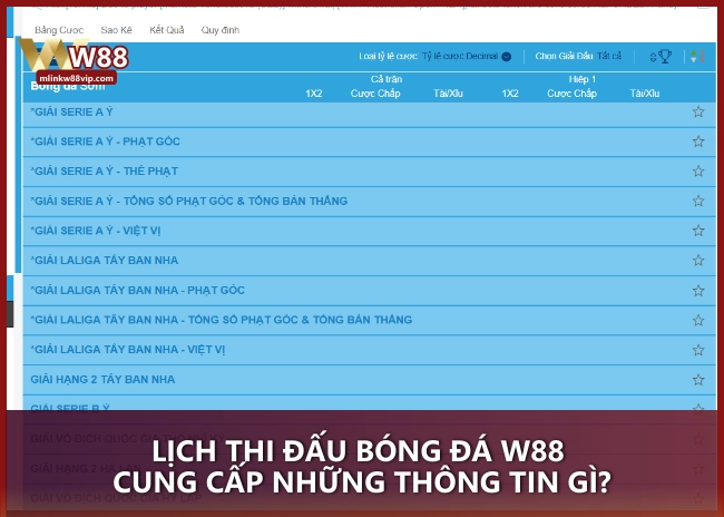 Lịch thi đấu bóng đá W88 cung cấp những thông tin gì?